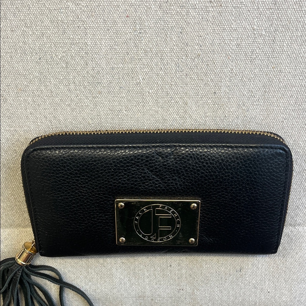 Jack French London Black Leather Zip Around Wallet Gold Plate Tassel - Picture 6 of 12